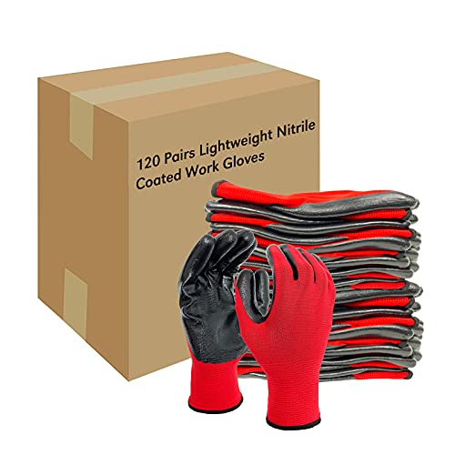 Evridwear Nitrile Coated Work Gloves,Superior Oil Resistance with Grip for Men Women Automotive,Gardening, Mechanic - color: Red 120 Pairs, size: Small