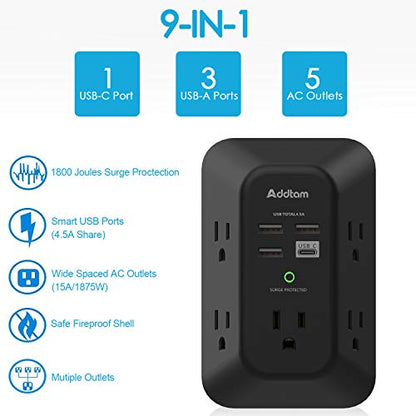 USB Wall Charger Surge Protector - Addtam 5 Outlet Extender with 4 USB Charging Ports (1 USB C), 3-Sided 1800J Power Strip Multi Plug Outlets Adapter Widely Spaced,Black - style: 1C3A