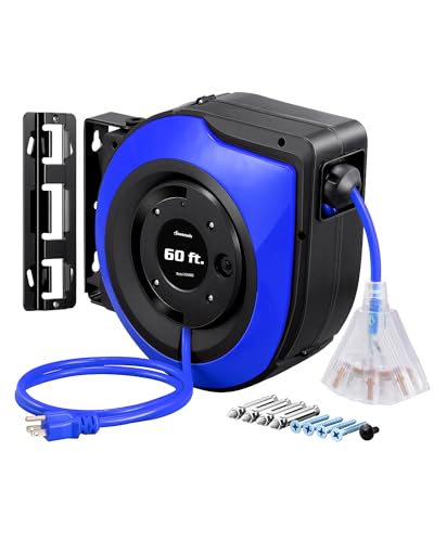DEWENWILS Retractable Cord Reel, 60FT Heavy Duty Extension Cord, 12AWG/3C SJTOW, 3 Grounded Outlets Lighted Triple Tap, 15A Circuit Breaker, Wall/Ceiling Mounted for Garage, Workshop, UL Listed, Blue - style: 3 OUTLET
