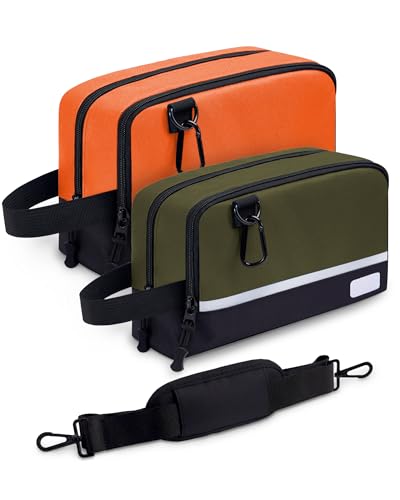 2 Pack Small Tool Bags Zipper Pouch for Organizing, with Adjustable Shoulder Strap & Carabiner, Utility Small Tool Pouch with Multi Pocket Compartments and Label Area (12" & 10") - color: Green/Orange