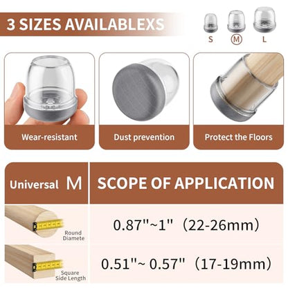 Ezprotekt 24 Pcs Chair Leg Floor Protectors, Chair Leg Caps, Silicone Protectors Covers for Hardwood Floors & Carpet, Pet Dust & Hair Proof Chair Pads - for Dining Table Chair, Clear M Fit (0.87"-1") - size: M-Round
