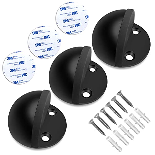 Door Stoppers 3 Pack, Floor Door Stop Stainless Steel Adhesive Floor Mount Doorstops No Drill Rubber Door Stops Holder for Bottom of Door, Black - color: Black, size: 3 Pack
