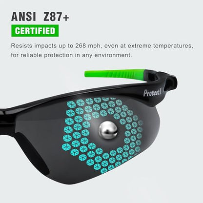 ProtectX Safety Glasses for Men & Women, Safety Sunglasses with Anti-Fog Scratch Resistant Lenses, Non-Slip Grips, ANSI Z87.1 - color: Evergreen Tinted Smoke 6 Pk