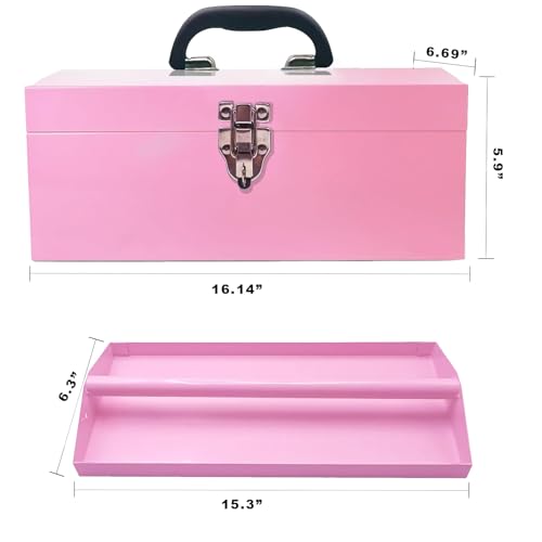 16" Small Tool Box Mini Toolbox Small Metal Tool Box Portable Locking Metal Toolbox with Latch Closure Pink - color: Pink