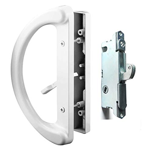 Patio Door Handle Set + Mortise Lock 45° Perfect Replacement for Sliding Glass Door Fits 3-15/16” Screw Hole Spacing, Non-keyed with Latch Locks,White Diecast,Reversible Design(Non-Handed) - color: White