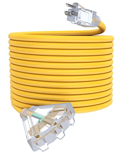 50Ft 12/3 Outdoor Extension Cord with 3-Outlets, Heavy Duty 12 Gauge 3 Prong Extension Cord Waterproof with Lighted end, 15A 12AWG 1875W SJTW, ETL Listed - Great for Garage, Garden and Home, Yellow - color: Yellow, size: 50ft