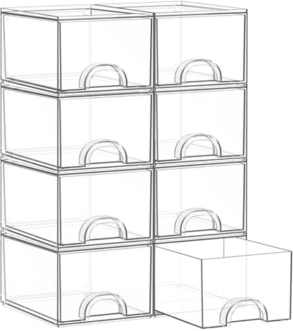 8 Pack Small Clear Stackable Acrylic Storage Boxes Storage Drawers, Storage Organizer, Clear Plastic Makeup Organizer, Ideal for Vanity, Cabinet, Desk Organization