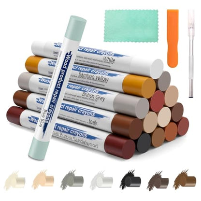 Wood Filler Sticks with Box, 16+4P Furniture Crayon Touch Up Wood Filler with 1P Knife, 1P Scraper and 1P Rag, Nail Hole Wax Sticks for Repairing Scratches and Nail Holes (16p) - size: 16p