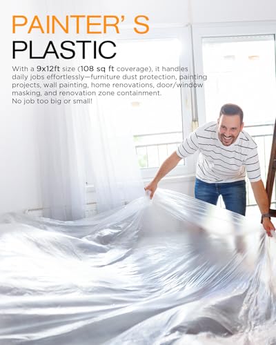 9x12 Ft Plastic Drop Cloths, Waterproof & Dust-Proof Tarp for Painting, Disposable Sheeting for Furniture, Floor, and Couch Protection - Durable Painter’s Cover (1-Pack) - size: 1 PCS 9x12 Ft