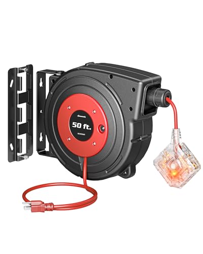 DEWENWILS 50FT Extension Cord Reel with 6 Grounded Outlets, Retractable Extension Cord Reel, 14/3C SJTOW, Twist-lock Stopper, 13A Circuit Breaker, ETL Listed - color: Red