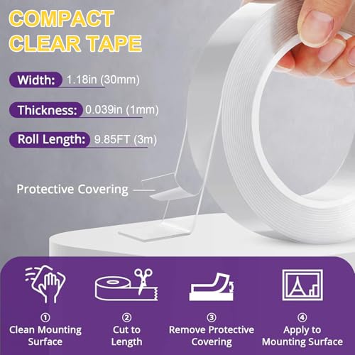 Double Sided Adhesive Tape Heavy Duty, Double Stick Mounting (2 Rolls, 1.18" x 118", Total 19.7FT), Clear Two Sided Wall Tape Strips, Removable Poster Tape for Home, Office, Car, Outdoor Use - size: 1.18 In X 9.85 FT
