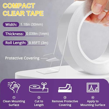 Double Sided Adhesive Tape Heavy Duty, Double Stick Mounting (2 Rolls, 1.18" x 118", Total 19.7FT), Clear Two Sided Wall Tape Strips, Removable Poster Tape for Home, Office, Car, Outdoor Use - size: 1.18 In X 9.85 FT