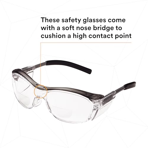 3M Safety Glasses with Readers, Nuvo Readers, +2.0 Diopter, Pack of 1, ANSI Z87, Clear Lens, Gray Frame, Soft Nose Bridge, Side Shields - color: Clear Lens (+2.0), Gray Frame, size: +2.0 Diopter