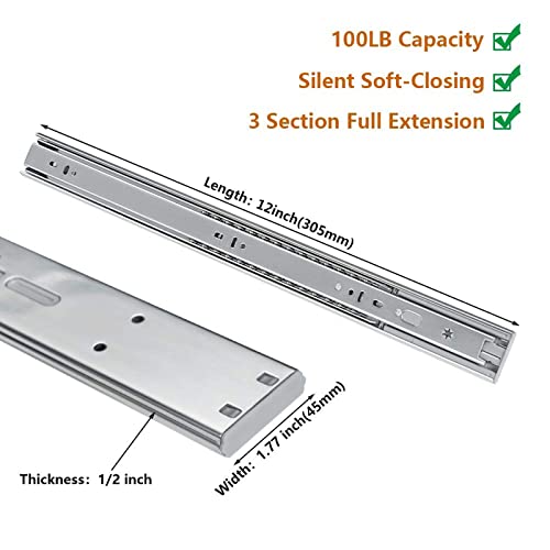 LONTAN 10 Pairs Soft Close Drawer Slides 12 inch Heavy Duty Ball Bearing Dresser Drawer Glides 9.76" Extension Side Mount Kitchen Cabinet Rails 100lb Capacity - color: Silver-Soft Close, size: 12 Inch - Drawer Slide