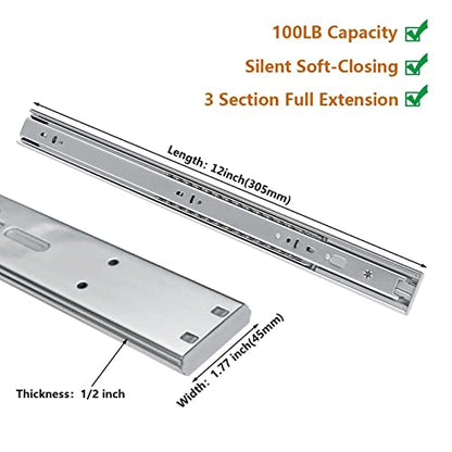 LONTAN 10 Pairs Soft Close Drawer Slides 12 inch Heavy Duty Ball Bearing Dresser Drawer Glides 9.76" Extension Side Mount Kitchen Cabinet Rails 100lb Capacity - color: Silver-Soft Close, size: 12 Inch - Drawer Slide
