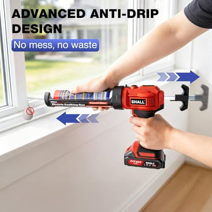 SHALL 21V Cordless Caulking Gun, Electric Caulk Gun with 2 x 2.0Ah Batteries & Silicone Finishing Tool Kit, 4 Adjustable Speeds, Anti-Drip, Fits 10oz/300ml Cartridges for Bathroom Kitchen Tile Sealing