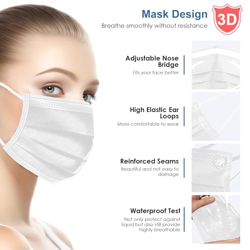 NNPCBT White Disposable Face Masks 125 Pack,3-Ply Breathable Mask For Adults,Great For Outdoors,Home, Office, School - color: Adult-125 Pack-white