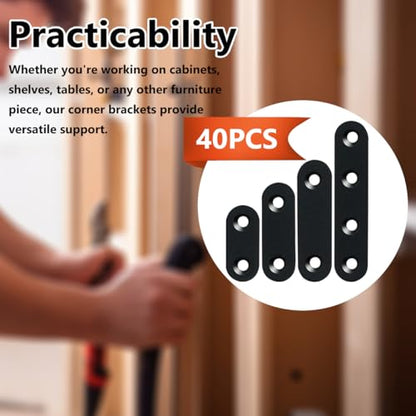 QSJ 40 Pack Black Corner Braces Flat Bracket Set 1.42/1.81/2.2/3inch Stainless Steel Metal Plate for Wood - size: 40Pcs Bracket Set (Strip-1.42/1.81/2.2/3'')