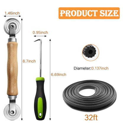 Screen Repair kit, Screen Roller Tool, Steel Roller with Bear+32ft Screen Spline+Removal Hook, 3 in 1 Window Screen Door Repair Kit,for Installing Door Window Mesh - size: Steel Roller+spline+pick
