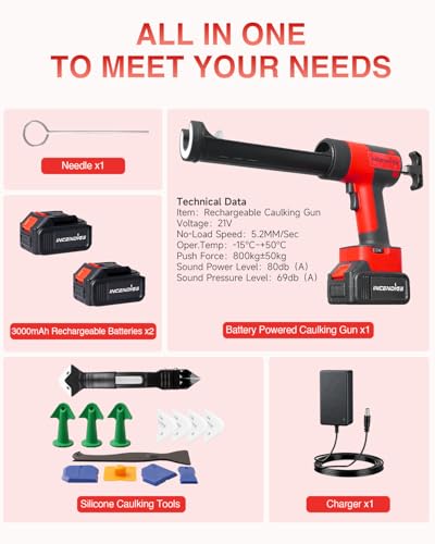 Cordless Caulking Gun w/2 x 3.0Ah Batteries, 800kg Thrust Max Electric Caulk Gun, 6-Speed, 10oz/300ml, 13Pcs Caulk Remover Tool, Led Light, Auto-Retract Anti-Drip for Sealing, Filling, Repairing - style: Caulking Gun w/ 2 x 3.0Ah Batteries