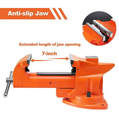 PONY Heavy Duty Bench Vise, 5-inch Jaw Width 7-inch Jaw Opening, 360-Degree Swivel Base with Anvil, Utility Combination Pipe Home Vise for Woodworking, One-Pair Vise Jaw Pad Included - style: 7-inch Jaw Opening