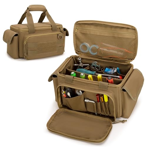 Rexmica Small Tool Bag with Anti-friction and Thick Padded Bottom, Tool Storage Organizer for Men, Tactical Bag, Range Bag, Multi-functional Work Tote for Repairman, Electrician, Carpenters (Khaki) - color: Khaki