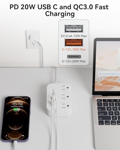 PD 20W USB C Travel Power Strip, Flat Plug Power Strip with 3 USB(1 USB C) Ports, Short Extension Cord 3FT PD 20W Fast Charging Station, Cruise Ship Essentials Compatible with iPad Pro iPhone Samsung - size: 3FT-PD 20W