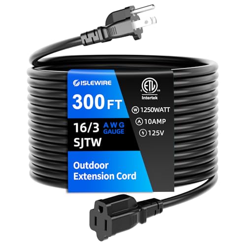 300 FT Outdoor Extension Cord Waterproof, Black, 3-Prong Power Cord, 16 AWG SJTW, 10A 1250W, Grounded, General Purpose Long Extension Cord for Lawn & Garden - size: 300FT