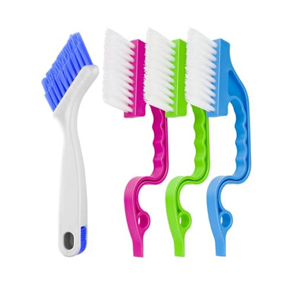 Asltw Swan Neck Cleaning Brush Set, 3 Angled Handle Scrub Brushes + 1 Crevice Brush for Window Tracks, Grout, Corners and Tight Spaces, Firm Bristles for Deep Cleaning in Kitchen and Bathroom
