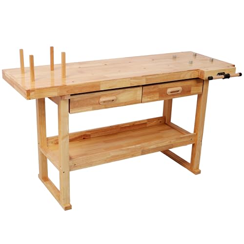 Montary 60" Professional Rubberwood Workbench with 2 Drawers & Open Shelf, Natural Finish Work Bench with Adjustable Handle for Garage, Woodworking Carpenter Workshop & Home Use - size: 2 Drawers-60"