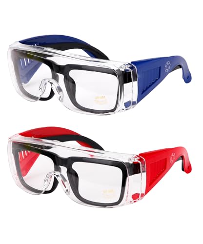 UNCO- Safety Goggles Over Glasses, Protective Goggles, Anti Fog, Work, Safety Glasses Over - color: Red and Navy Blue Handle, size: 2 Pack