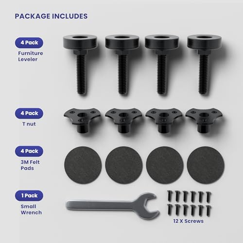 Adjustable Furniture Feet Leveling Feet Kit, Heavy Duty Furniture Levelers with Mounting Plates, Felt Pads, Screws and Wrench, 3/8 16 Thread, Supports 1320 Lb, Height Range 3/4 to 1 3/4 Inch