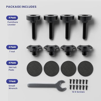 Adjustable Furniture Feet Leveling Feet Kit, Heavy Duty Furniture Levelers with Mounting Plates, Felt Pads, Screws and Wrench, 3/8 16 Thread, Supports 1320 Lb, Height Range 3/4 to 1 3/4 Inch