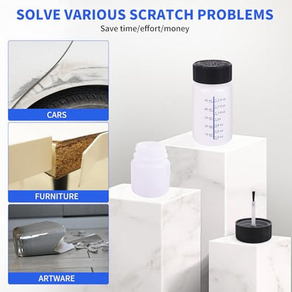 64 Pcs Touch up Paint Bottles with Applicator Brush and Lids 1 oz and 2 oz Liquid Capacity Plastic Leftover Container with Mixing Ball for Fixing Wall Stone Chip Car Surface