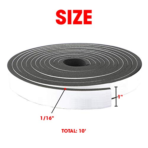 Neoprene Foam Strip Roll by Dualplex, 1" Wide x 10' Long x 1/16" Thick, Weather Seal High Density Stripping with Adhesive Backing – Weather Strip Roll Insulation Foam Strips - size: 1" Wide x 10' Long x 1/16" Thick