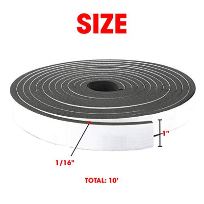 Neoprene Foam Strip Roll by Dualplex, 1" Wide x 10' Long x 1/16" Thick, Weather Seal High Density Stripping with Adhesive Backing – Weather Strip Roll Insulation Foam Strips - size: 1" Wide x 10' Long x 1/16" Thick
