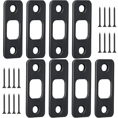 Blulu 8 Pcs 1-1/8" X 2-3/4" Door Deadbolt Strike Plate Carbon Steel Round Corner Door Backplate Heavy Duty Strike Plate with 16 Pcs Screws for Home Office Residential Use, Matte Black - color: Black, size: 1-1/8" x 2-3/4"