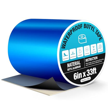 Blue Waterproof Butyl Tape, 6 in x 33ft - W x L, Self Adhesive Butyl Rubber Sealant Tape for RV Repair, Metal Roof Sealing, Pool Cover, Awning, Pool Liner, Window Patching & Boat Leaking - size: 6in x 33ft