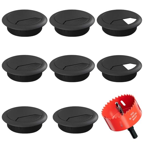 Desk Grommet 3-1/8 inch (80mm) - 8 Pack Black Cable Grommet & Desk Hole Cover with Hole Saw for Cables, Cord Management for Office, TV, and Home Table - color: Grommet Black, size: 3-1/8 inch