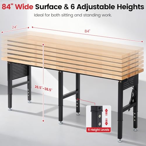 ENJOYWOOD 84" x 24" Heavy Duty Workbench Adjustable Height Garage Work Table with Solid Rubberwood Top, Extended Pegboards & Power Outlets for Workshop, Home & Office - size: 84 Inch