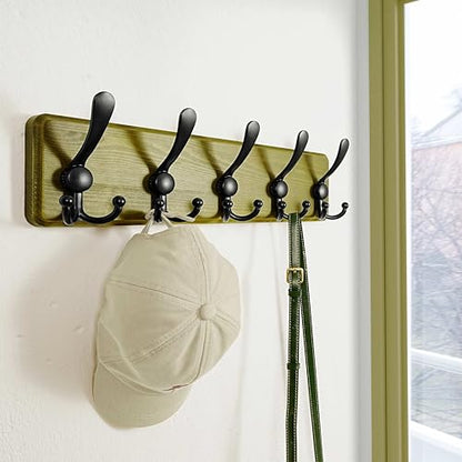 Dseap Coat Rack Wall Mount - Heavy-Duty Robust Barnwood-Style Wooden Wall Coat Hanger Hook Rail with 5 Triple Hooks for Winter Coats Hat Jacket Clothing, Weathered Green & Black, Pack of 2 - color: Weathered Green & Black, size: L=17.4"
