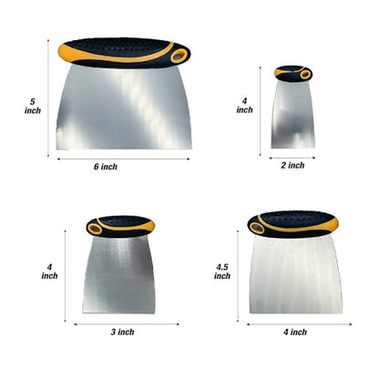 4-Piece Set of Stainless Steel Body Filler and Putty Spreaders/Scraper Set with Handles - Sizes: 2", 3", 4" and 6" | Repairing Drywall, Removing Wallpaper, Applying Putty, Plaster, Cement, Adhesive