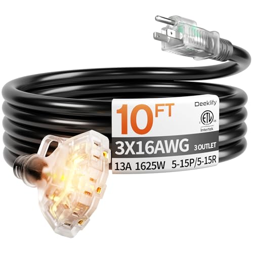 10 ft 16/3 awg 3 Outlet Extension Cord Splitter with Indicator, Waterproof Indoor/Outdoor Extension Cord with Multiple Outlets, 13A 1625W for Home & Workshop, ETL Listed, Flexible Black SJTW - color: Black, size: 10ft