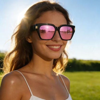 HAOLOTA Polarized Fit Over Glasses Sunglasses for Women Men Trendy Square Wrap Around Shades UV Protection - color: L Size 16 Black/Pink