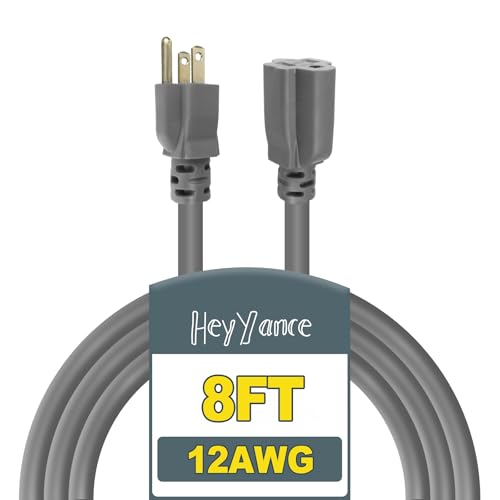 8 Ft Heavy Duty Outdoor Extension Cord Waterproof - 12/3 SJTW 15A 1875W Gray Extension Cable with 3 Prong Grounded Plug, Waterproof Electric Cable for Lawn, Garden, Appliances, UL Listed - color: Grey, size: 8 ft