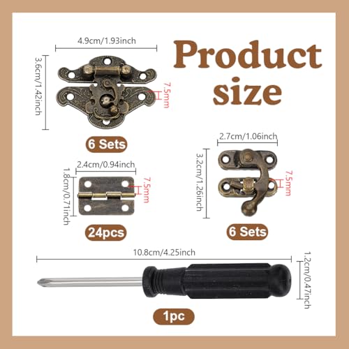 PH PandaHall 36pcs Retro Jewelry Box Hinges and Latches Hardware Box Lock Kit Antique Right Latch Hasp Hooks Set with Screws and Screwdriver for DIY Jewelry Cabinet Furniture (Catch*12 + Hinges*24)
