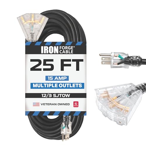 Iron Forge Cable 25ft Outdoor Extension Cord 3 Outlets - 12 Gauge Heavy Duty Extension Cord with Multiple Outlets Lighted Ends 15 Amp, SJTOW Weatherproof & Oil Resistant Power Cable Black 3 Prong - color: Black, size: 25 Foot