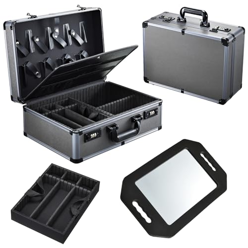 Yueieoun Professional Barber Case with Barber Clipper Tray Organizer, 6 Adjustable Clipper Slots & 8 Shear Holders, Portable Barber Carrying Case for Hair Tools & Supplies with Combo Locks - color: Grey with Mirror