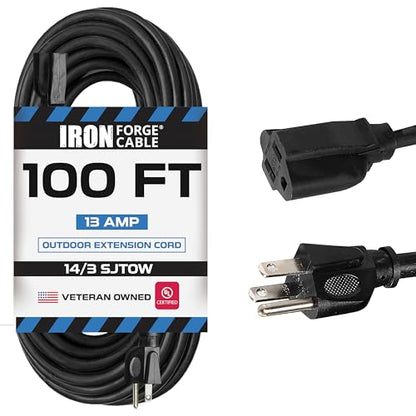 Iron Forge Cable 14 Gauge Outdoor Extension Cord 100 Ft, SJTOW 14/3 Heavy Duty Black Extension Cord 3 Prong, Oil Resistant & Flame Retardant - size: 100 Foot