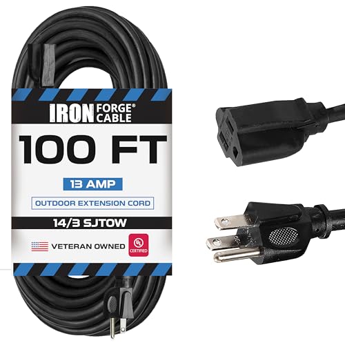 Iron Forge Cable 14 Gauge Outdoor Extension Cord 100 Ft, SJTOW 14/3 Heavy Duty Black Extension Cord 3 Prong, Oil Resistant & Flame Retardant - size: 100 Foot